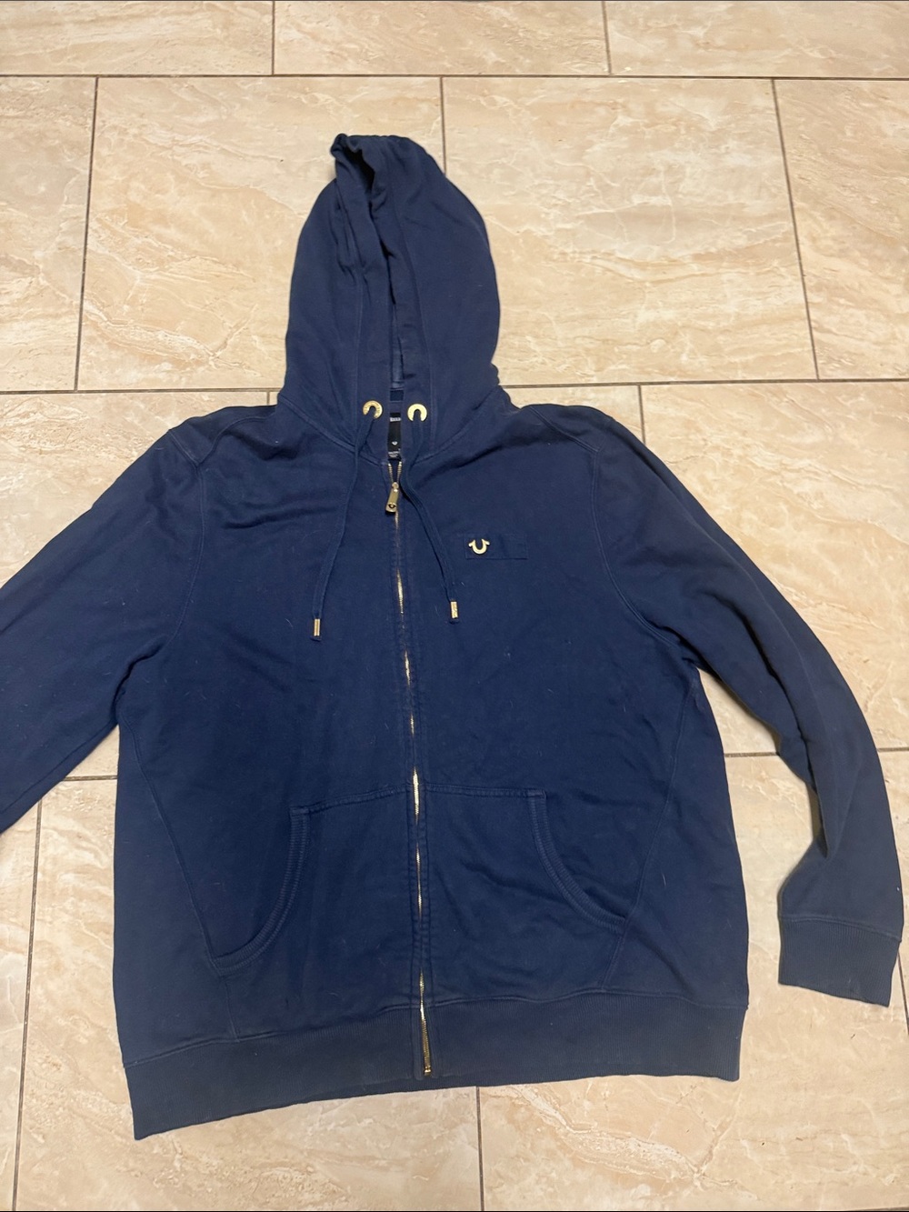 True Religion Navy Zip-Up Hoodie with Gold Hardware